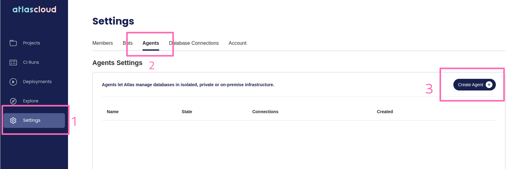 Screenshot of the Atlas Cloud settings page with the &#39;Agents&#39; tab selected.