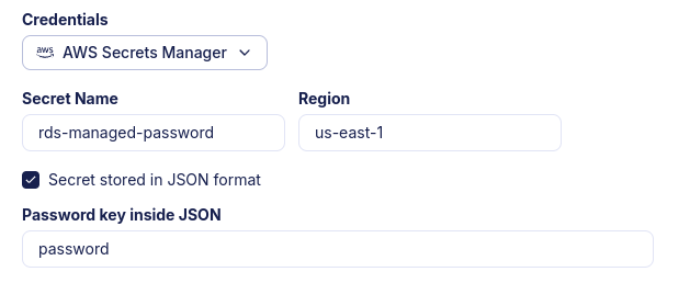 Screenshot of the Atlas Cloud UI showing the 'AWS Secrets Manager' option selected for database credentials.
