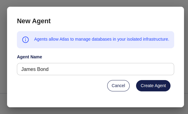 Screenshot of the &#39;Create Agent&#39; modal in Atlas Cloud, asking for an agent name.