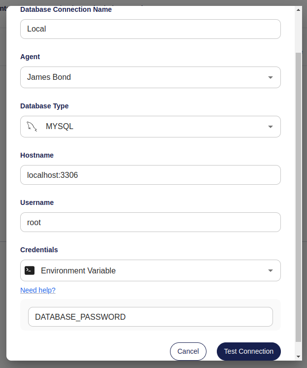 Screenshot of the &#39;Create Database Connection&#39; form in Atlas Cloud, with fields for name, database URL, and credential type.