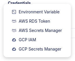 Diagram showing the three ways to provide credentials to the Atlas Agent: Environment Variables, Cloud IAM Roles, and Secret Managers.