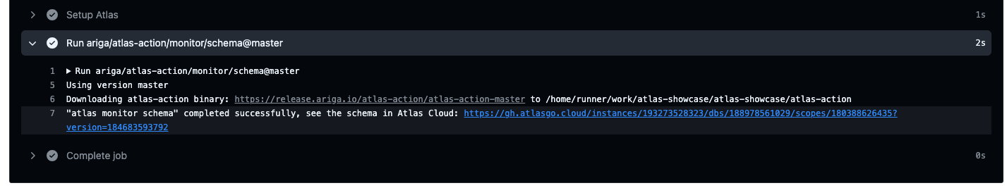 Screenshot of a successful GitHub Actions workflow log, showing the output and a link to the Atlas Cloud report.