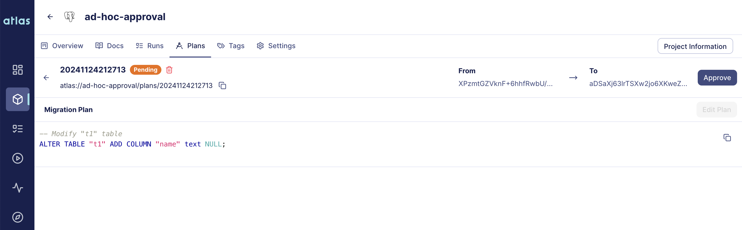 Screenshot of the Atlas Cloud UI showing a migration plan that requires approval before the Kubernetes Operator can apply it.