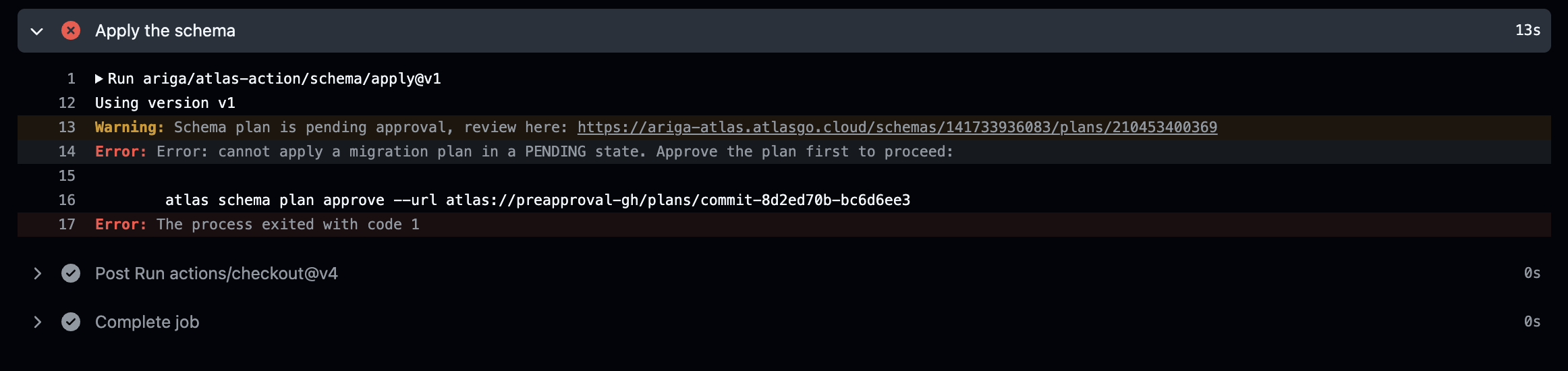 Screenshot of a failed GitHub Actions workflow, showing the 'Apply the schema' step is red and requires approval.