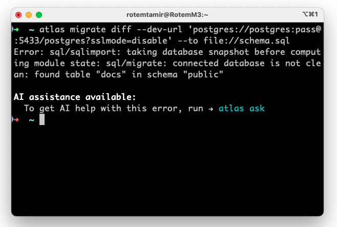 Screenshot of an Atlas CLI error message about a non-clean dev-database.