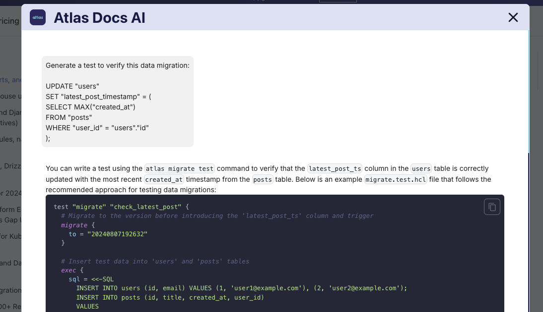 Screenshot of the Atlas documentation website showing the 'Ask AI' chat interface.