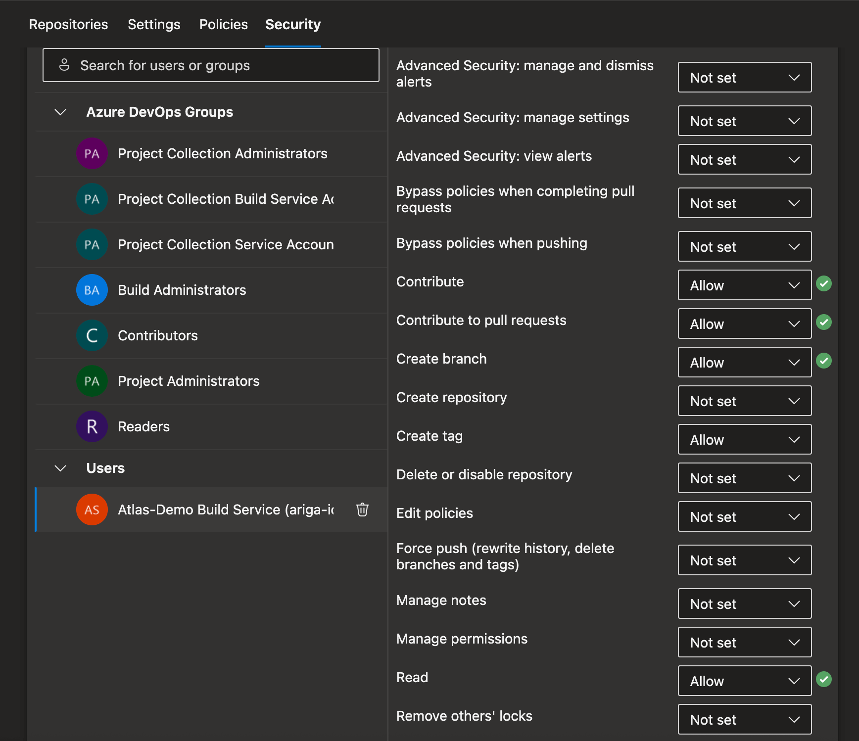 Azure DevOps repository security permissions