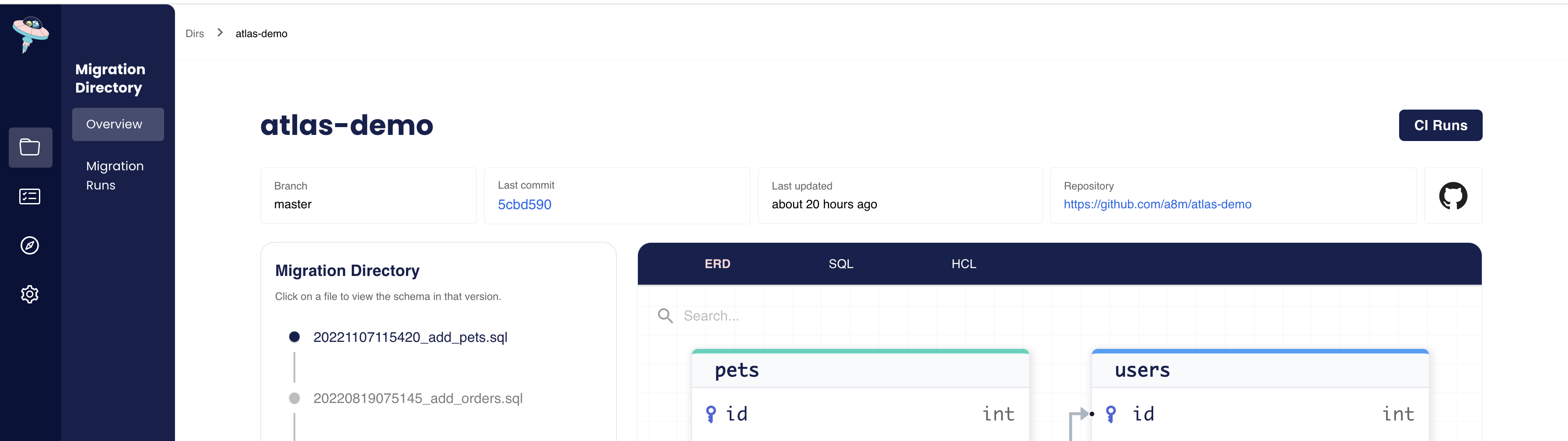 The CI Runs tab in Atlas Cloud showing a history of migration checks