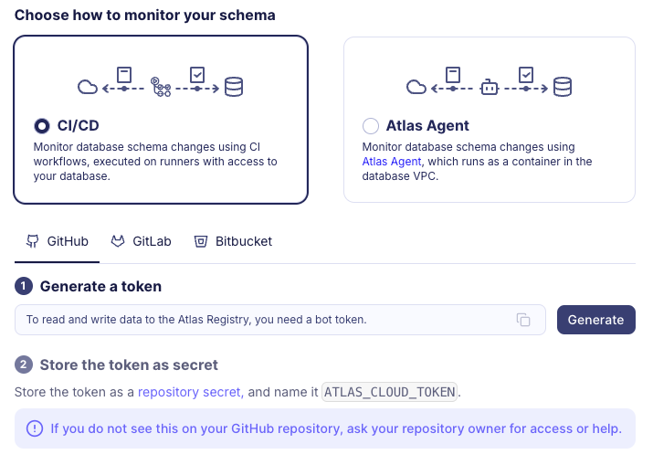 Screenshot of the Atlas Cloud UI showing how to generate a new bot token for GitHub Actions.