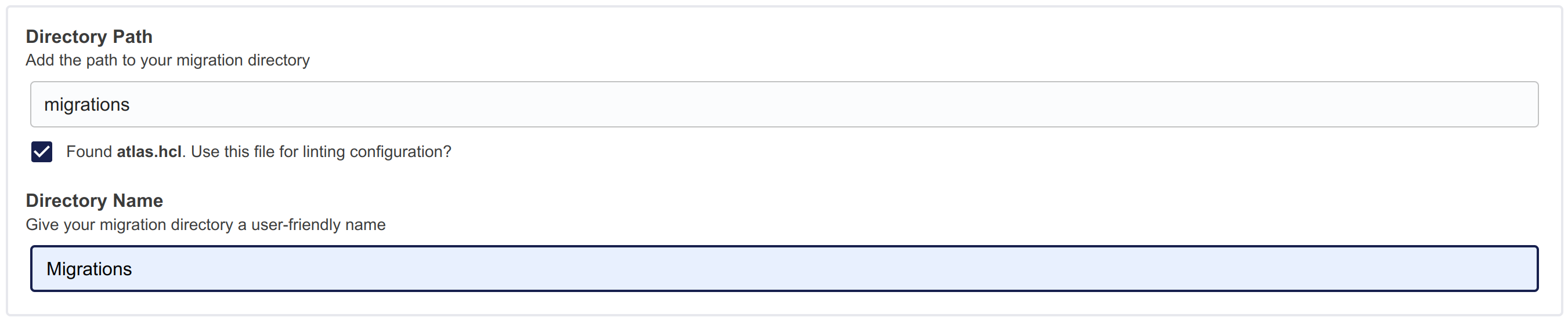 Configuring a new migration directory in Atlas Cloud, showing the option to use an existing atlas.hcl file