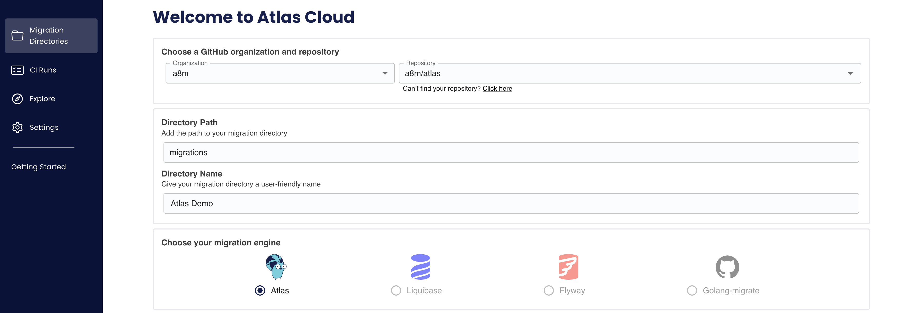Connecting a GitHub repository as a migration directory in Atlas Cloud