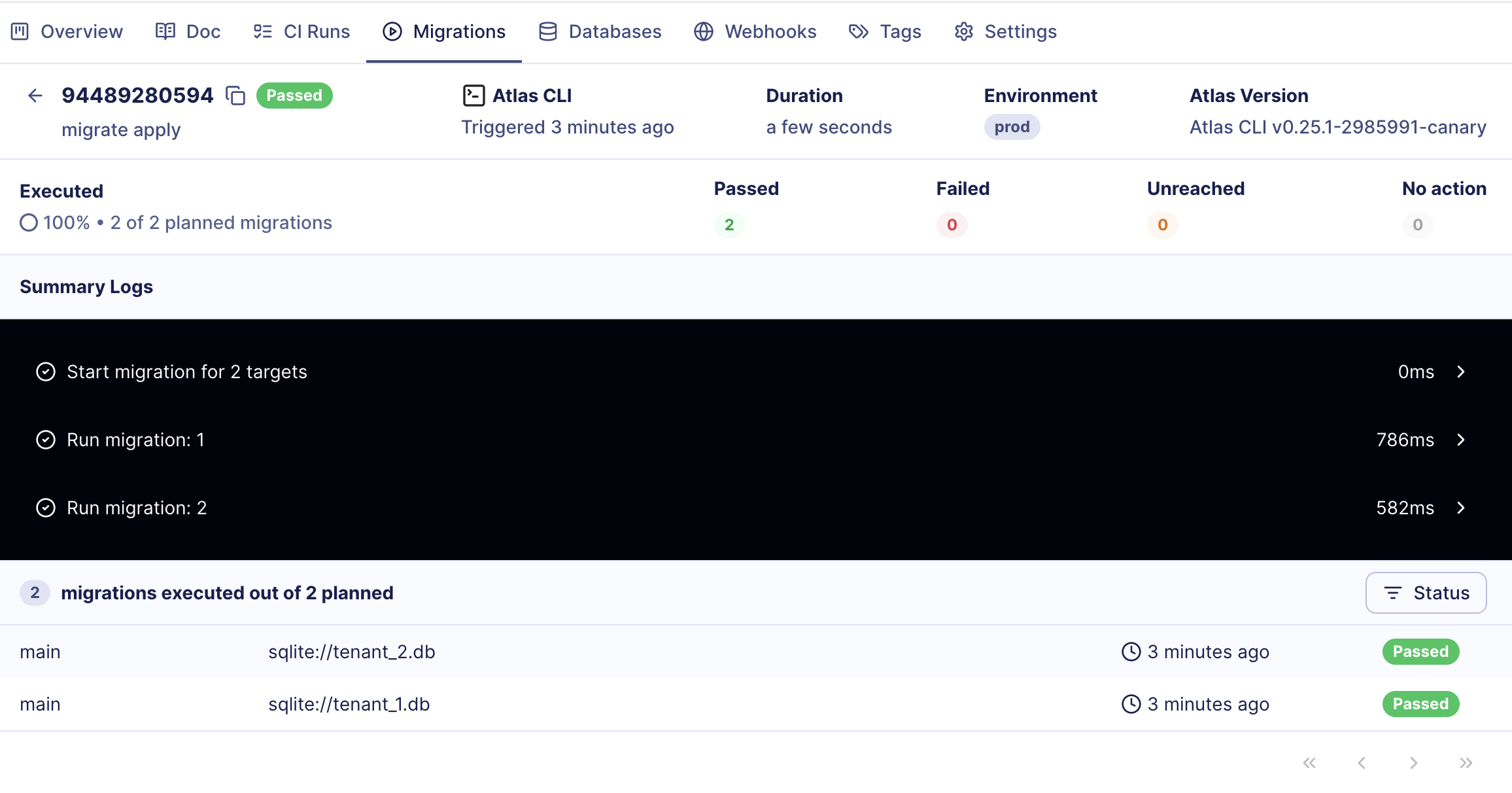 Screenshot of the Atlas Cloud multi-tenant deployment report, showing two successful migrations.