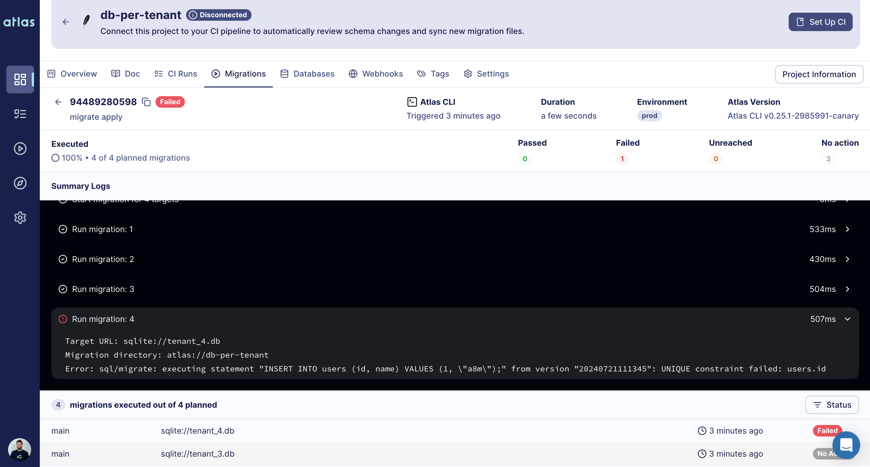 Screenshot of a failed multi-tenant deployment report, showing one tenant migration failed while others passed.