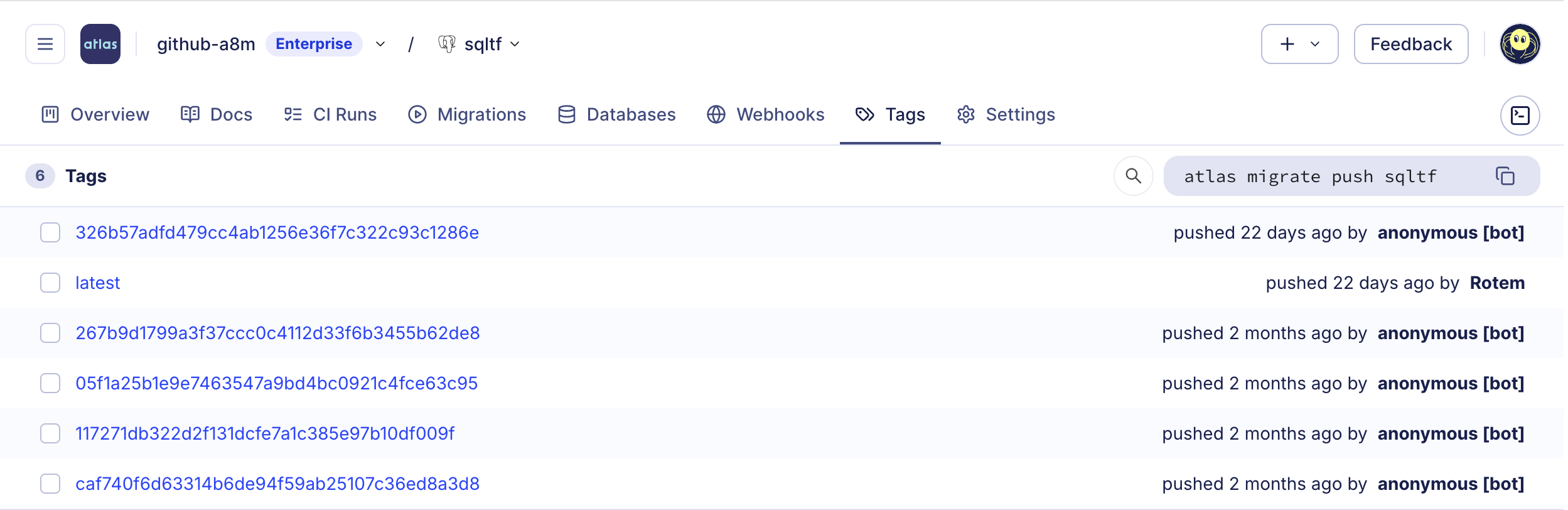 Screenshot of the Atlas Cloud UI showing a list of migration directory tags with their corresponding commit hashes.