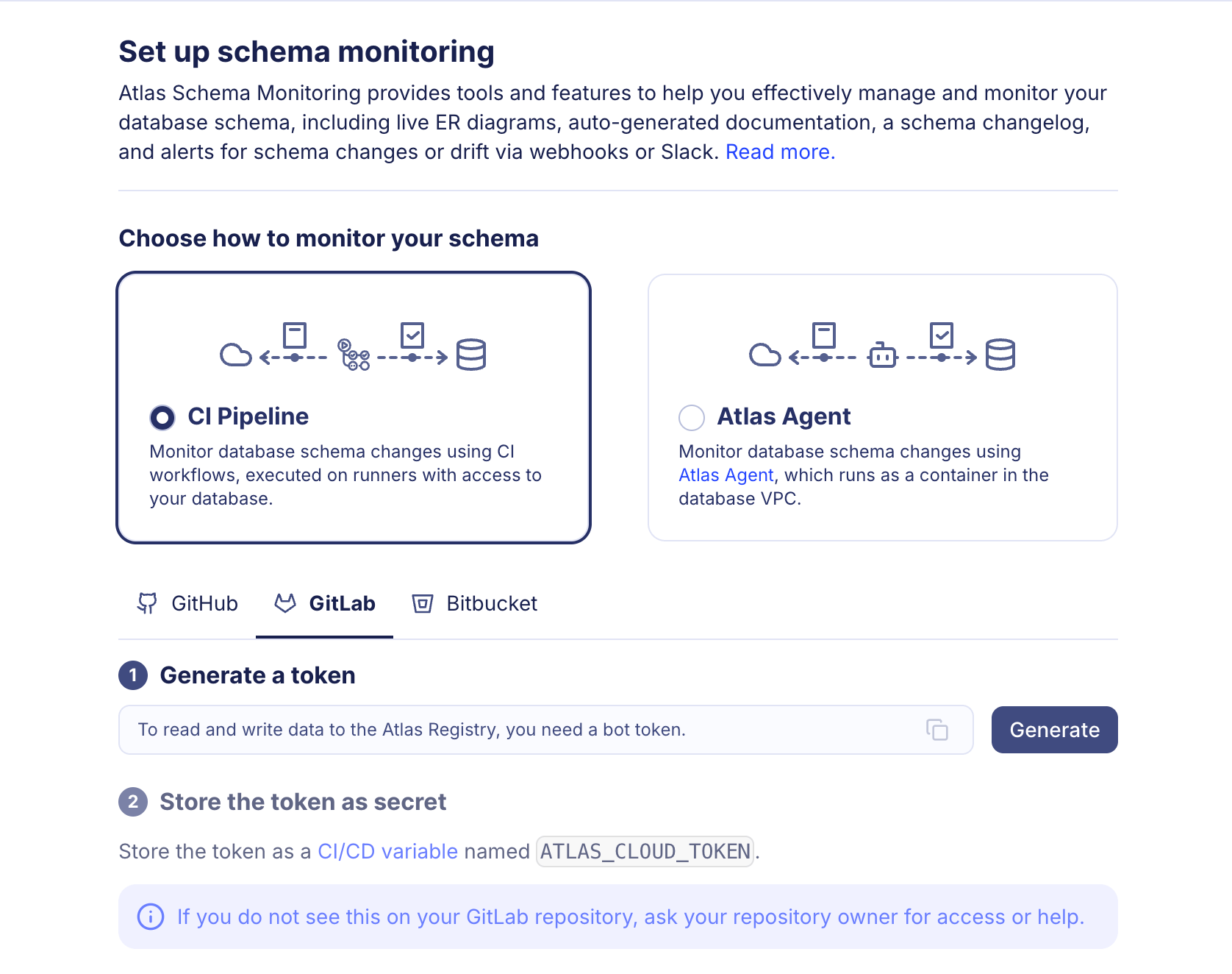 Screenshot of the Atlas Cloud UI showing how to generate a bot token for GitLab CI/CD integration.