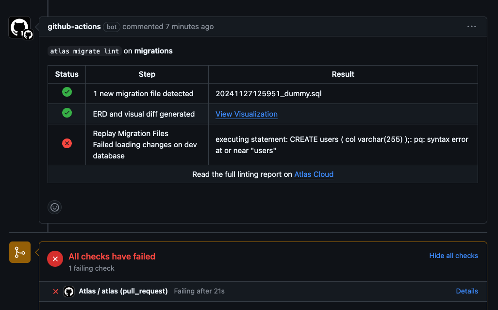 Screenshot of a GitHub pull request comment from the Atlas Action, showing a linting error due to SQL syntax.