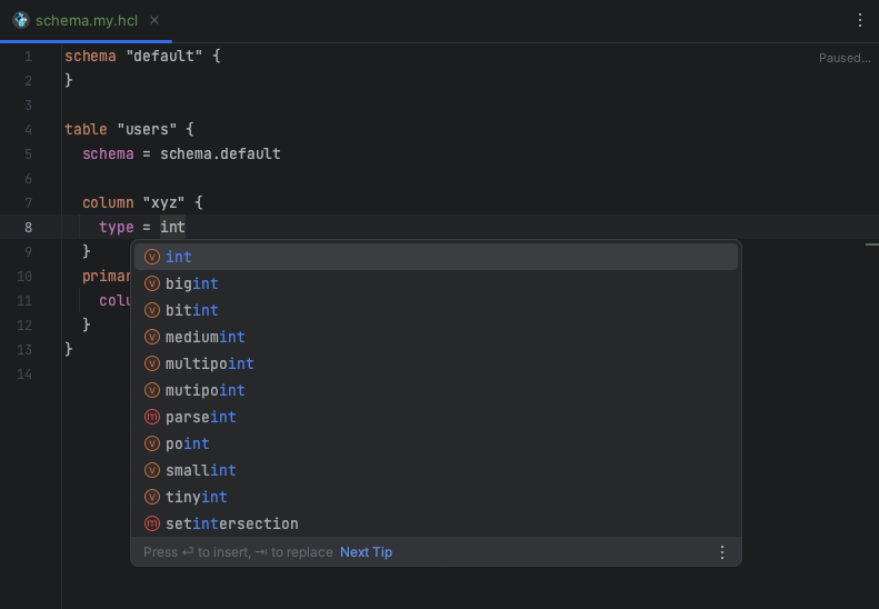 Screenshot of a JetBrains IDE showing Atlas HCL code with syntax highlighting and code completion for a MySQL schema.