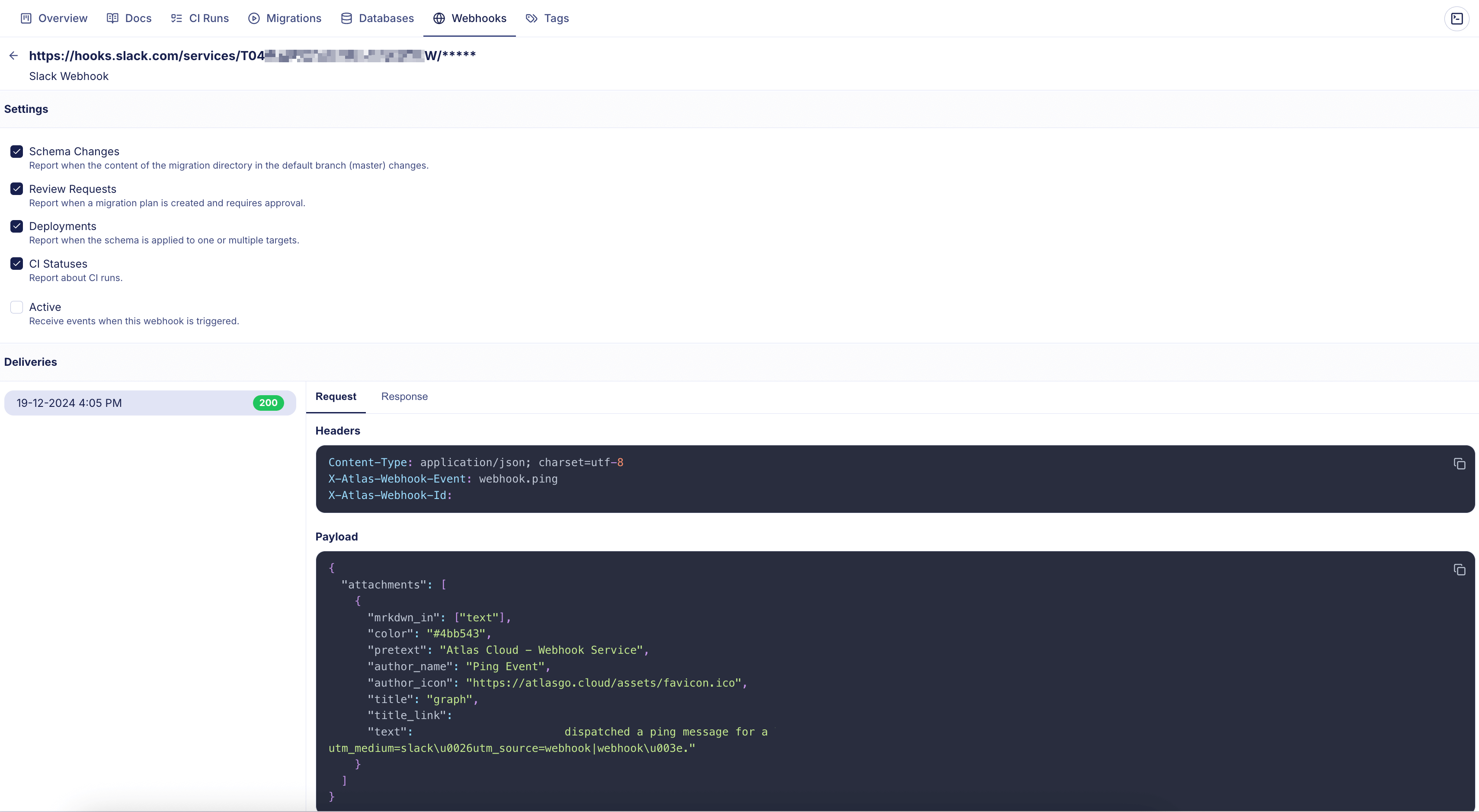 Screenshot of the Slack webhook configuration modal in Atlas Cloud, showing event triggers and delivery history.