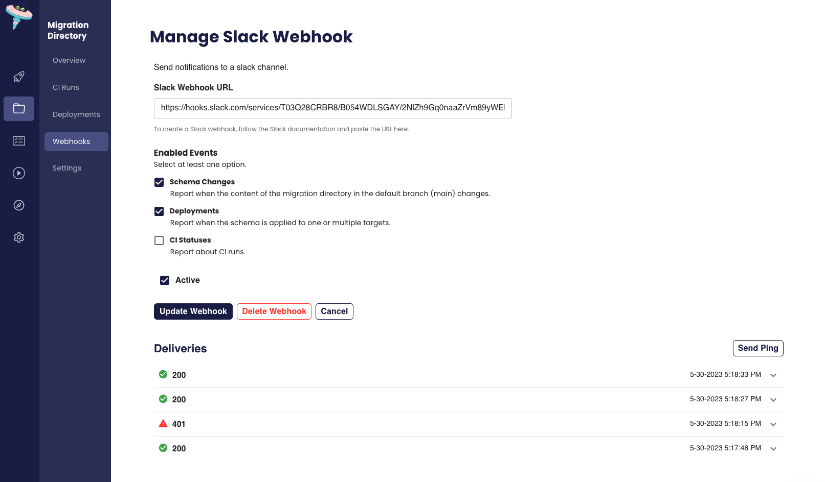 Screenshot of the Atlas Cloud UI for managing Slack webhooks, showing a history of successful deliveries