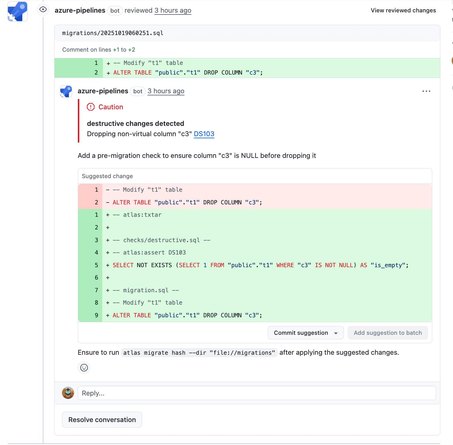 Atlas migration lint results
