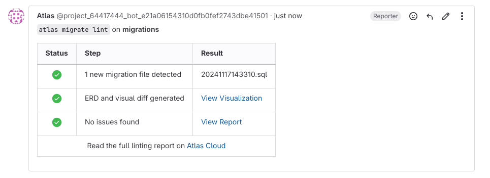Screenshot of a GitLab merge request comment from Atlas, showing a successful linting report for a new database migration.