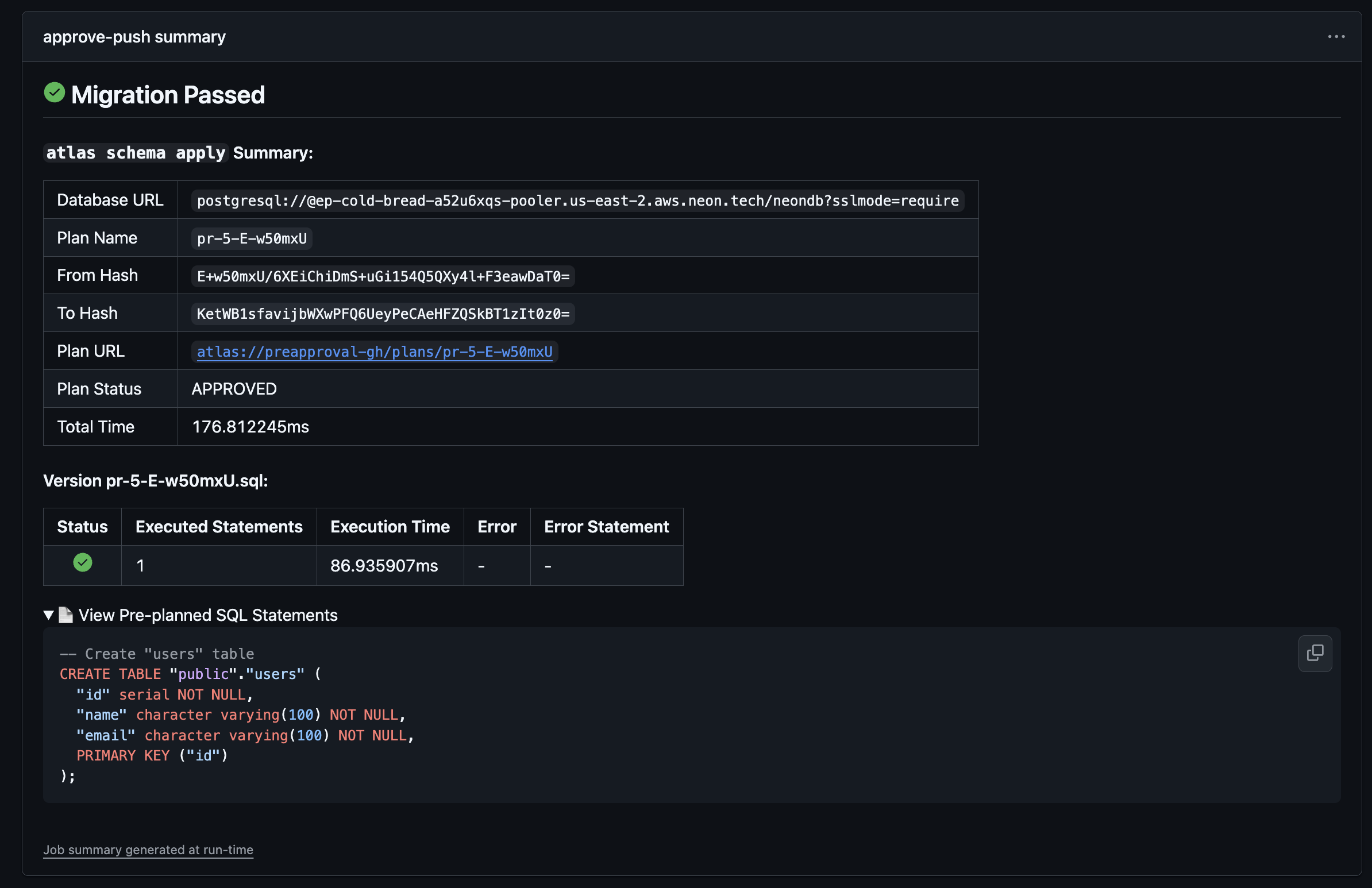 Screenshot of a successful GitHub Actions workflow log, showing the 'Apply the schema' step has completed.