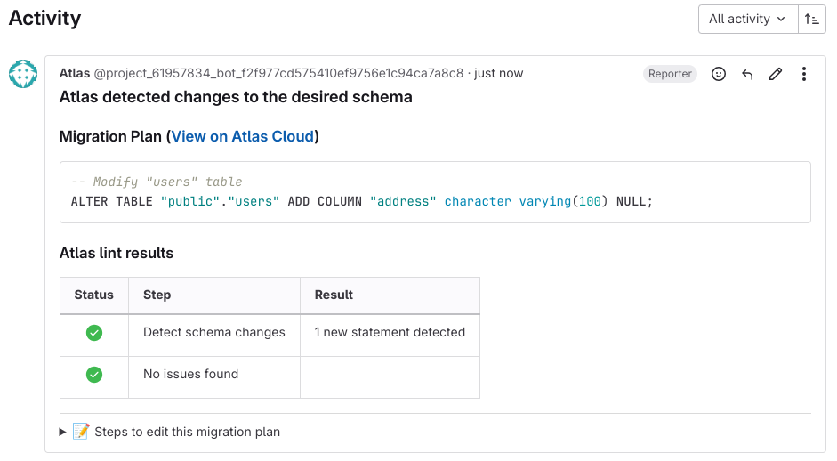 Screenshot of a GitLab merge request comment from Atlas, showing a successful linting report for a new database migration.