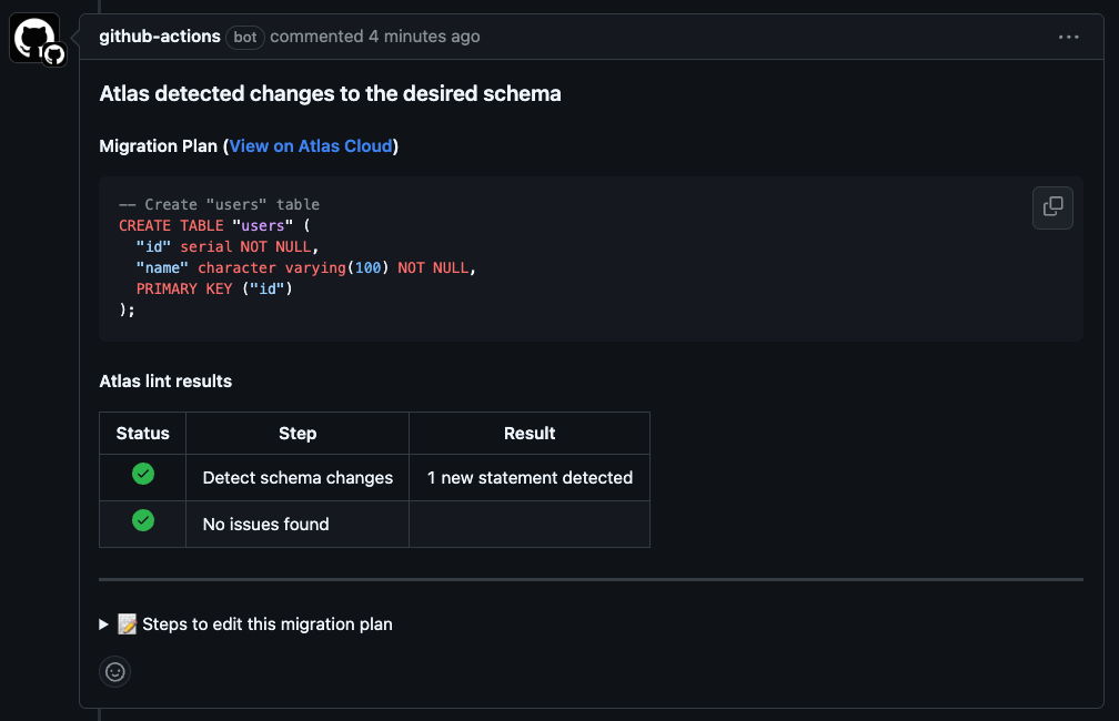 Screenshot of a GitHub pull request showing the Atlas Action has successfully run and is waiting for a plan to be generated.