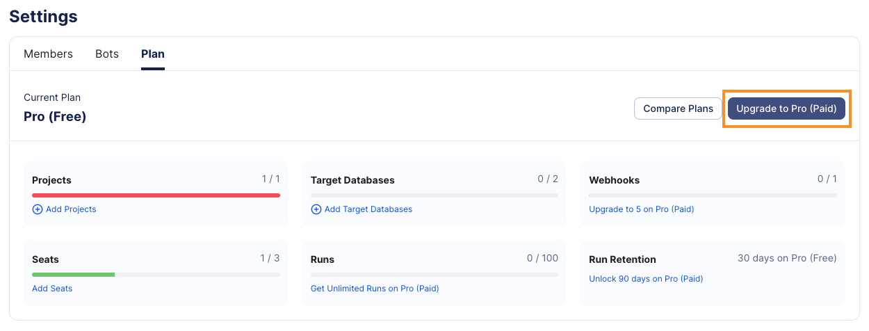 Screenshot of the Atlas Cloud settings page, highlighting the 'Plan' tab.