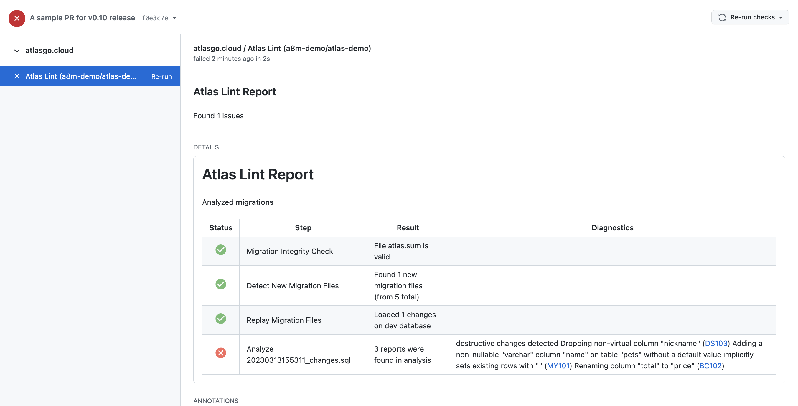 Atlas CI report summary showing no destructive changes found