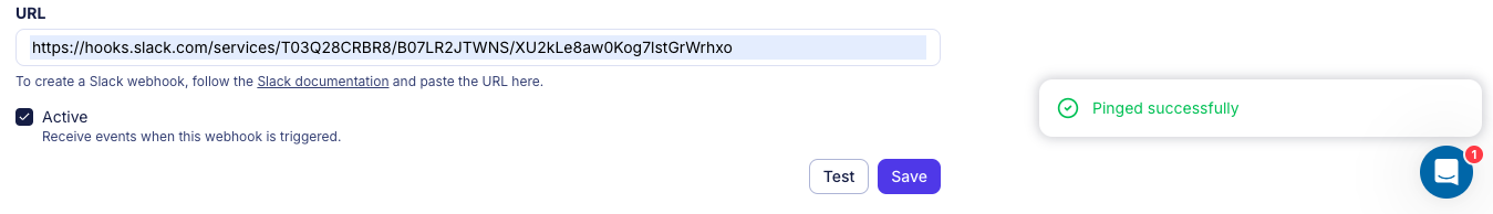 Screenshot of the Atlas Cloud UI showing a successful test notification for a webhook.