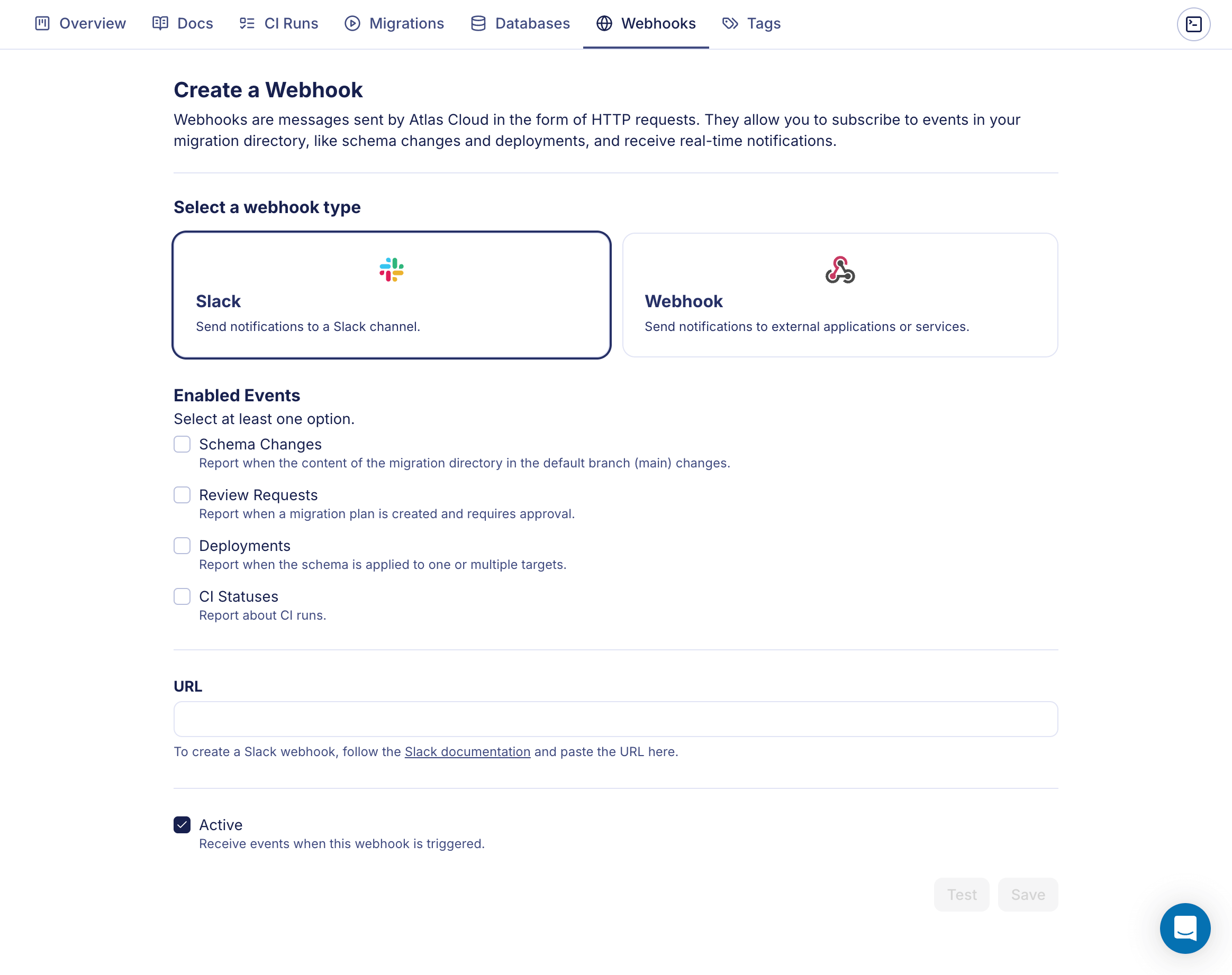 Screenshot of the Atlas Cloud webhooks settings page for a migration directory.