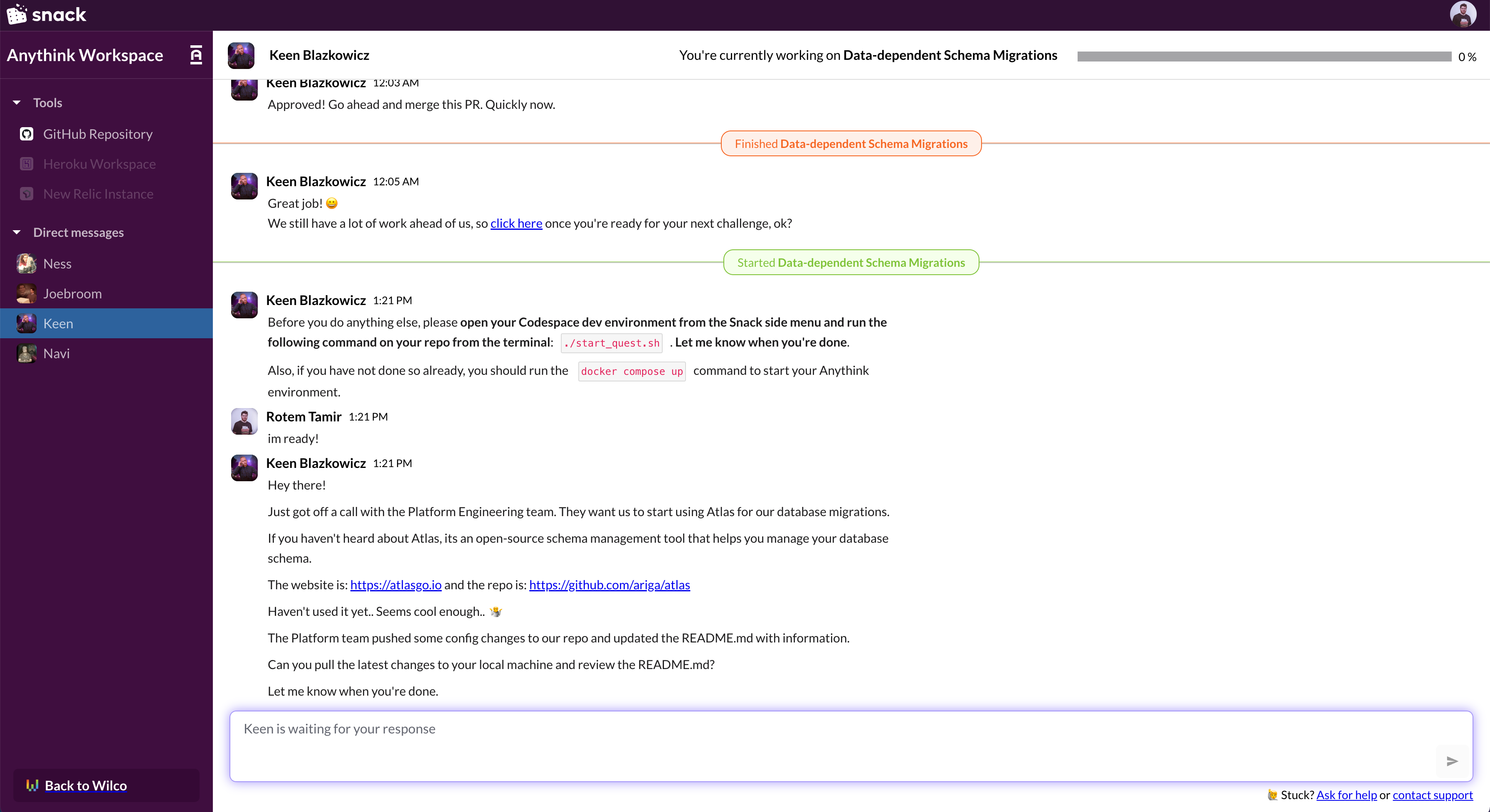 Screenshot of the Wilco &quot;Snack&quot; chat interface showing a conversation with a team lead