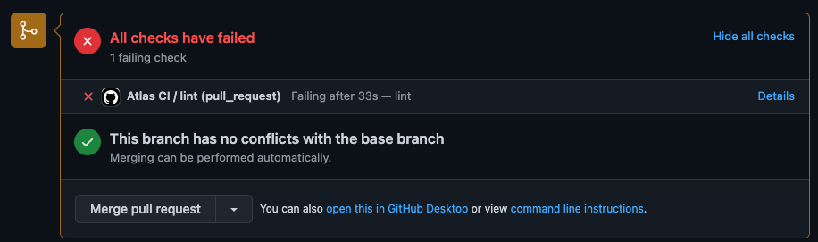 GitHub pull request check showing the Atlas CI lint has failed