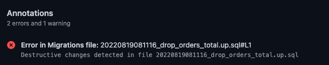 GitHub Actions summary showing an annotation from Atlas about a destructive change