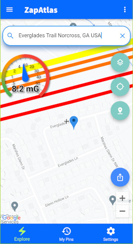 ZapAtlas app screenshot 3 showing power-lines on a map and EMF meter measuring Electromagnetic fields