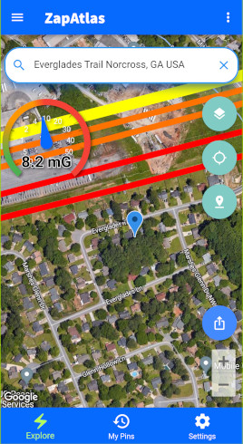 ZapAtlas app screenshot 4 showing power-lines on a map and EMF meter measuring Electromagnetic fields