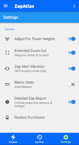 ZapAtlas app screenshot 5 showing power-lines on a map and EMF meter measuring Electromagnetic fields