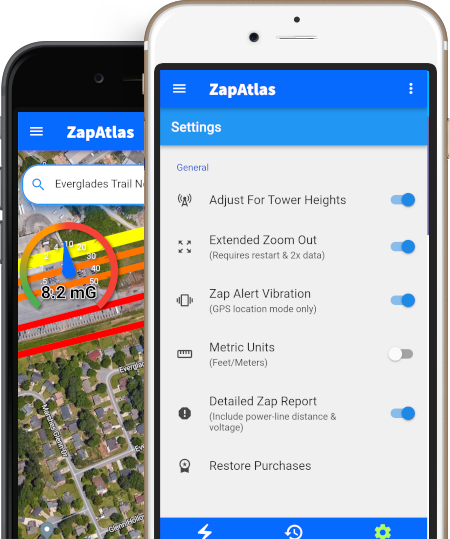 ZapAtlas app inside mobile phone screen with settings menu showing power-lines info and EMF meter distance measurement options