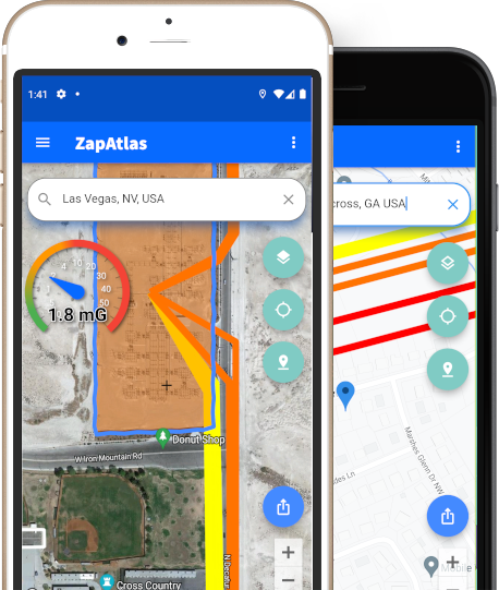 ZapAtlas app inside mobile phone screen with satellite view showing power-lines and EMF meter measuring Electromagnetic fields
